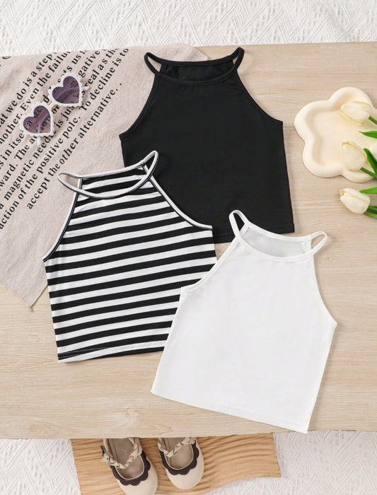 Young Girls Knitted Striped Halter Tight Top | 4Y-7Y