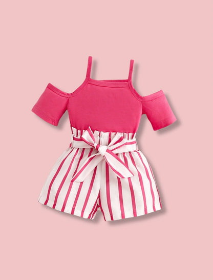 Young Girls Pink Top & Striped Paper Bag Waist Belted Shorts