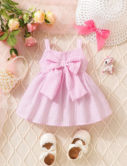 New Born Casual Cotton Bowknot Striped Pink Dress