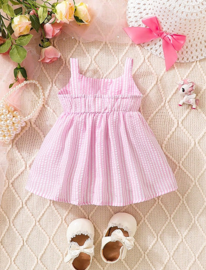 New Born Casual Cotton Bowknot Striped Pink Dress