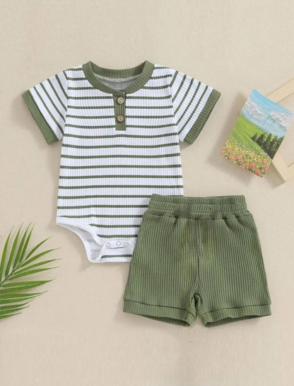 New Born Summer Striped Short Sleeve Romper & Shorts Set