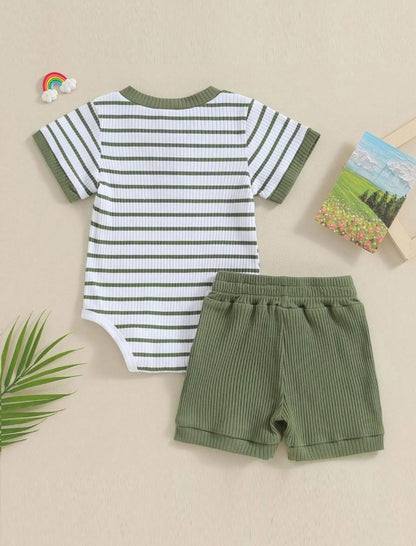 New Born Summer Striped Short Sleeve Romper & Shorts Set