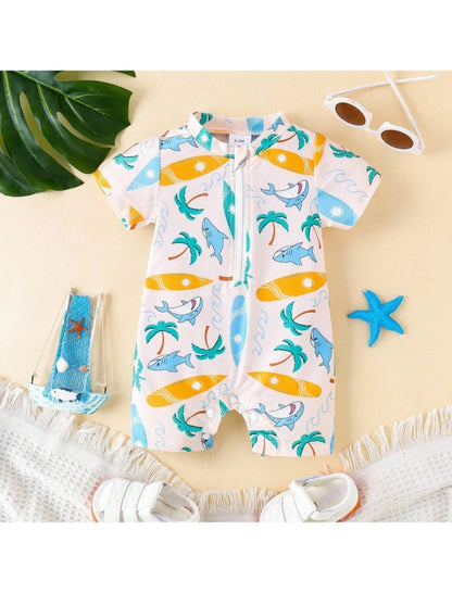 New Born Animal Print Short Sleeve One Piece Swimsuit