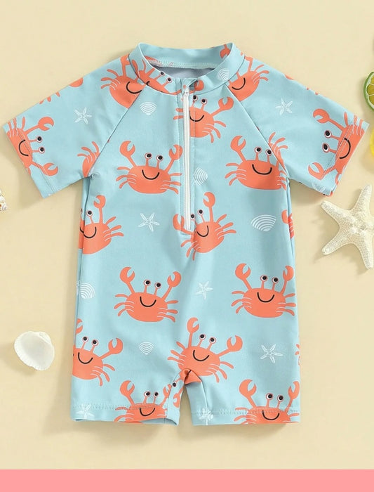 Baby Boys Crab Print One Piece Swimsuit | 1M-3Y