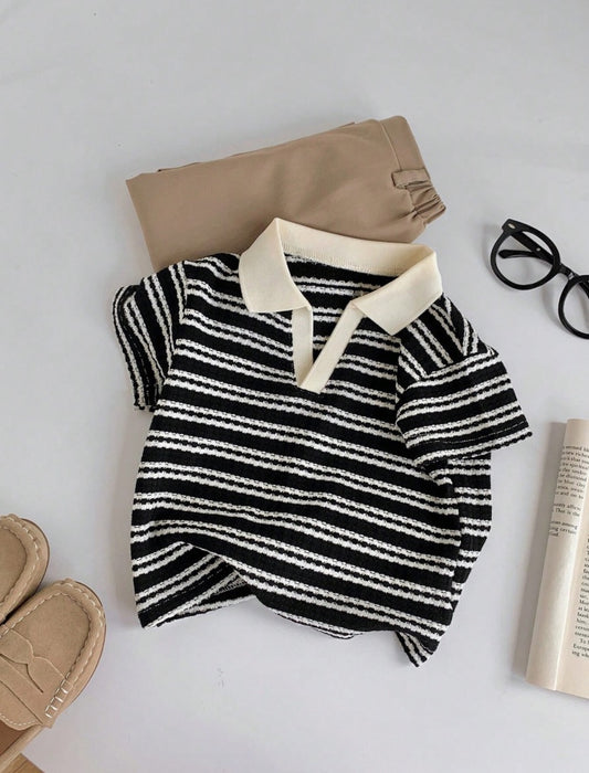 Baby Boys Casual Ribbed Knit Striped Polo Short Sleeve Top | 6M-3Y