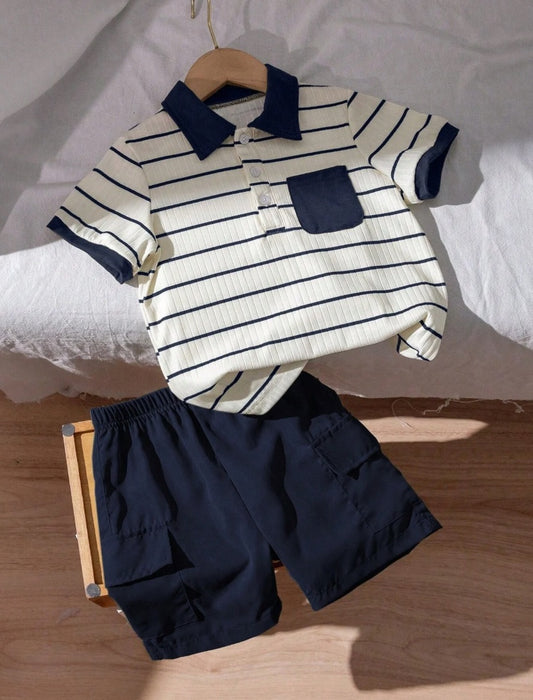 Young Boys Textured Stripe Polo Shirt & Cargo Pants Set | 3Y-7Y