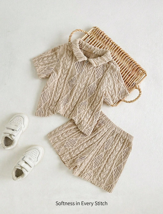 Baby Boys Khaki Knitted Soft Collared Short Sleeve Top & Casual Shorts Set | 6M-3Y