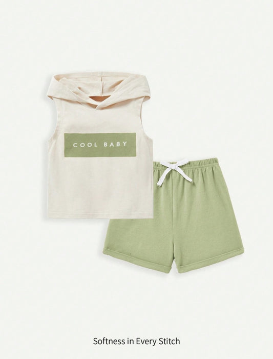 Cozy Pixies Baby Boy Letter Print Sleeveless Hoodie & Solid Color Shorts Set
