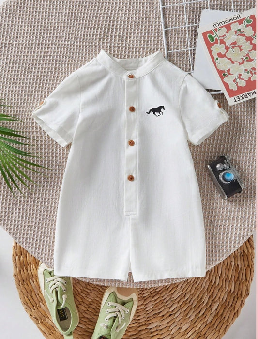 New-born Boys Black Horse Embroidered Cotton Romper