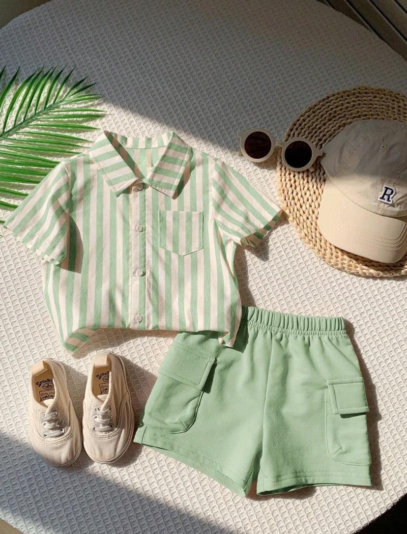 Baby Boys Green White Stripped Shirt & Short Set | 6M-3Y