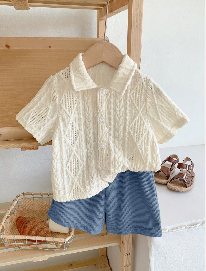 White Lace Up Shirt & Blue Short Set | 6M-3Y