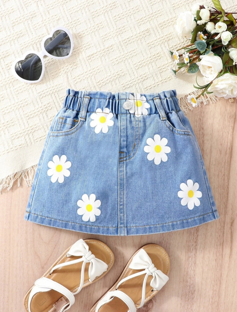 Young Girls White Flowers Garden Denim Skirt | 4Y-7Y