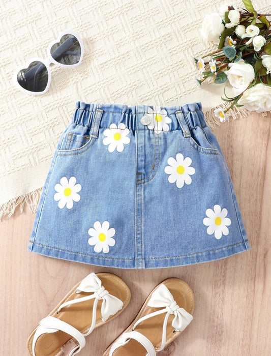 Young Girls White Flowers Garden Denim Skirt | 4Y-7Y