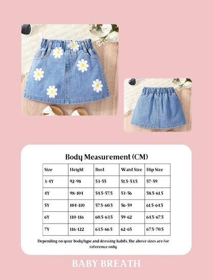 Young Girls White Flowers Garden Denim Skirt | 4Y-7Y