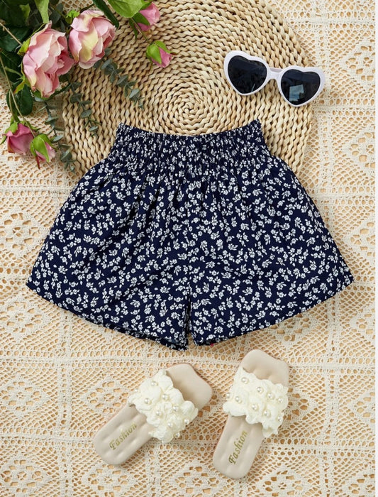 Young Girls Summer Casual Pleated Waist Floral Short | 4Y-7Y