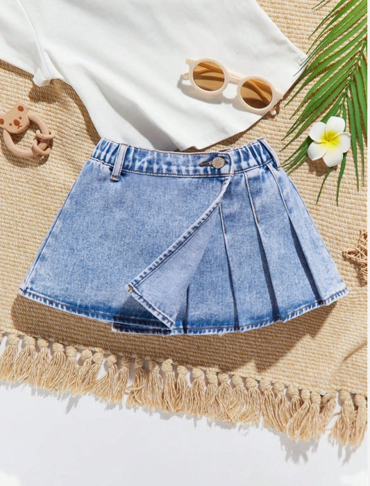 Young Girls Pleated Panel Denim Skirt |  4Y-7Y