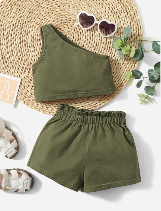 Baby Girls Forest Green One Shoulder Top & Short Set | 6M-3Y