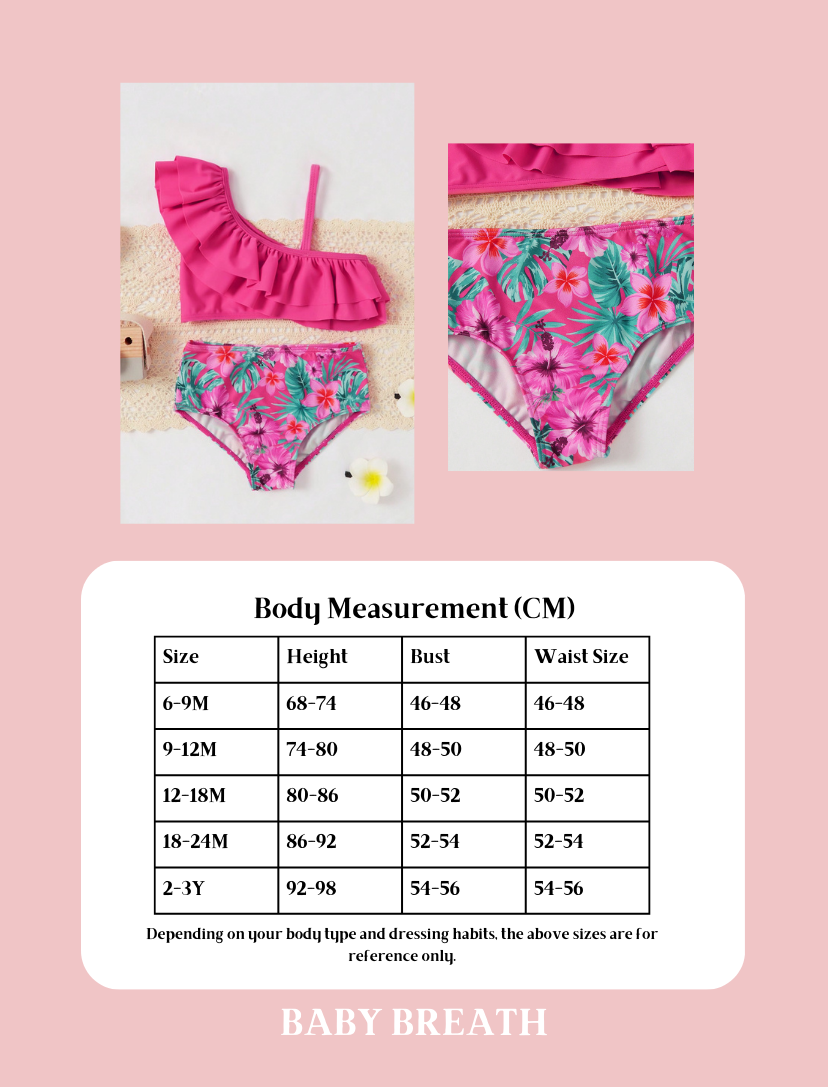 Baby Girls Pink Color Ruffled Top And Flower Printed Bottom Bikini Set | 6M-3Y