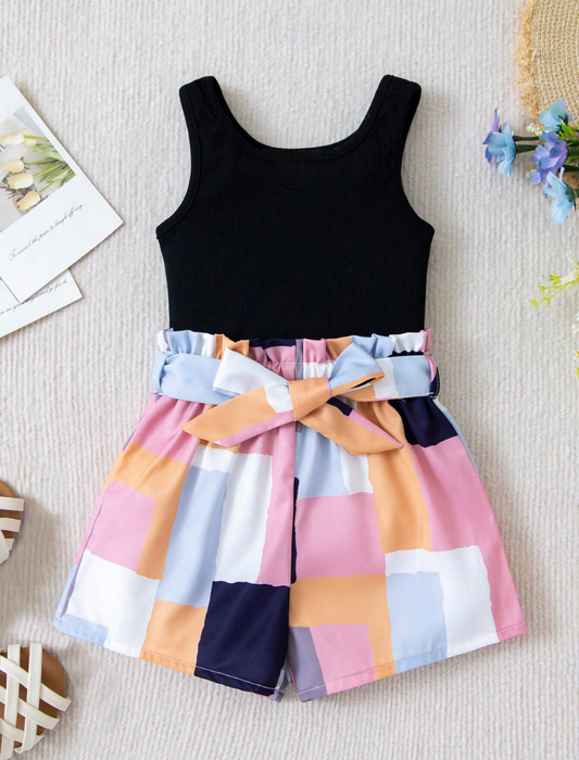 Baby Girls Colorblock Belted Tank Top & Short Set | 6M-3Y