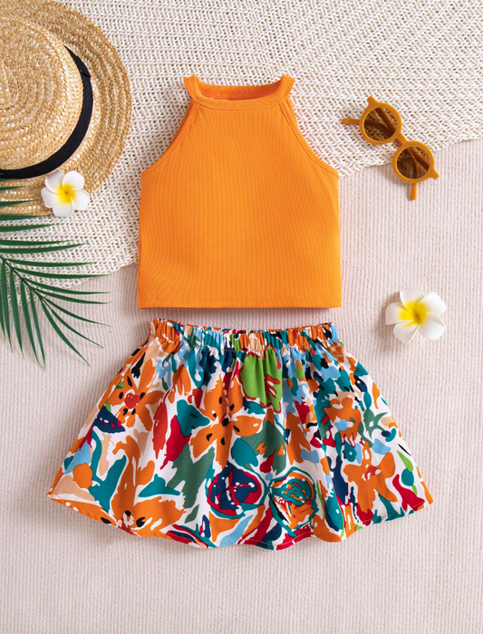 Orange Color Top with Floral Skirt | 6M-3Y