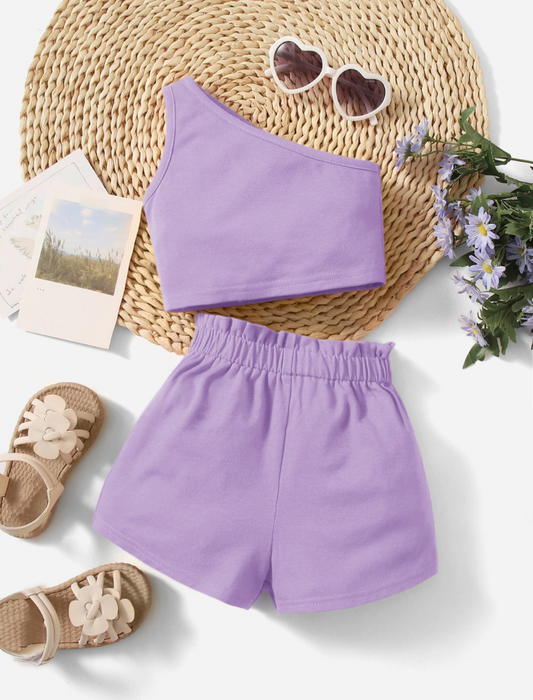 Baby Girls Light Purple One Shoulder Top & Short Set | 6M-3Y