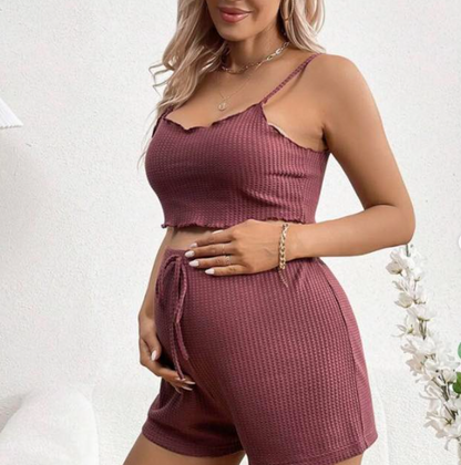 Maternity Adjustable Spaghetti Strap Tank Top And Elastic Waistband Shorts Set