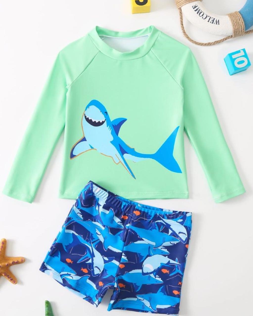 Young Boys Blue Shark Green Top & Swim Short | 4Y-7Y