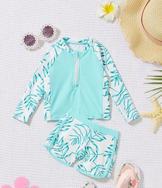 Blue Leaves Long Sleeve 2pcs Swimsuit | 6M-3Y