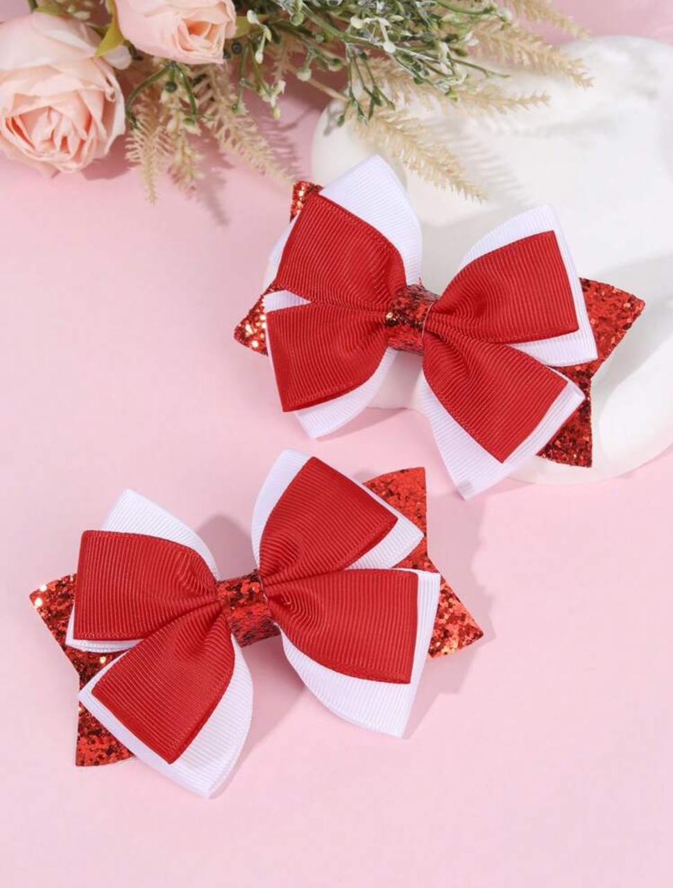 Red & White Bow Clips Set