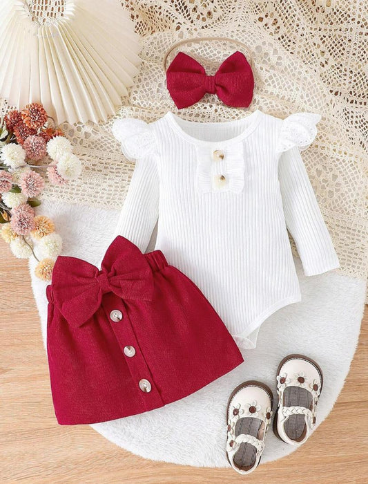 Button Long Sleeve Romper & Red Bow Skirt Set With Hair Tie