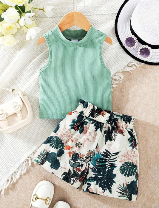 Young Girls Ribbed Tank Top And Tropical Plant Printed Shorts Set