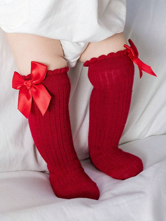 Bowknot Decor Red Knee High Socks