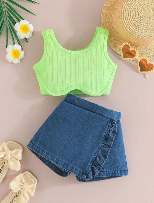 Baby Girls Simple Sleeveless Top & Casual Denim Shorts Set