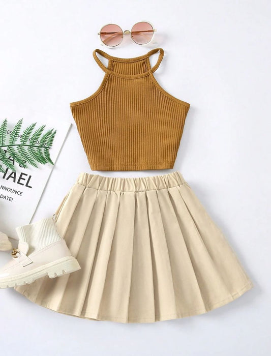 Young Girls Sleeveless Knit Cami Top & Pleated Skirt Set