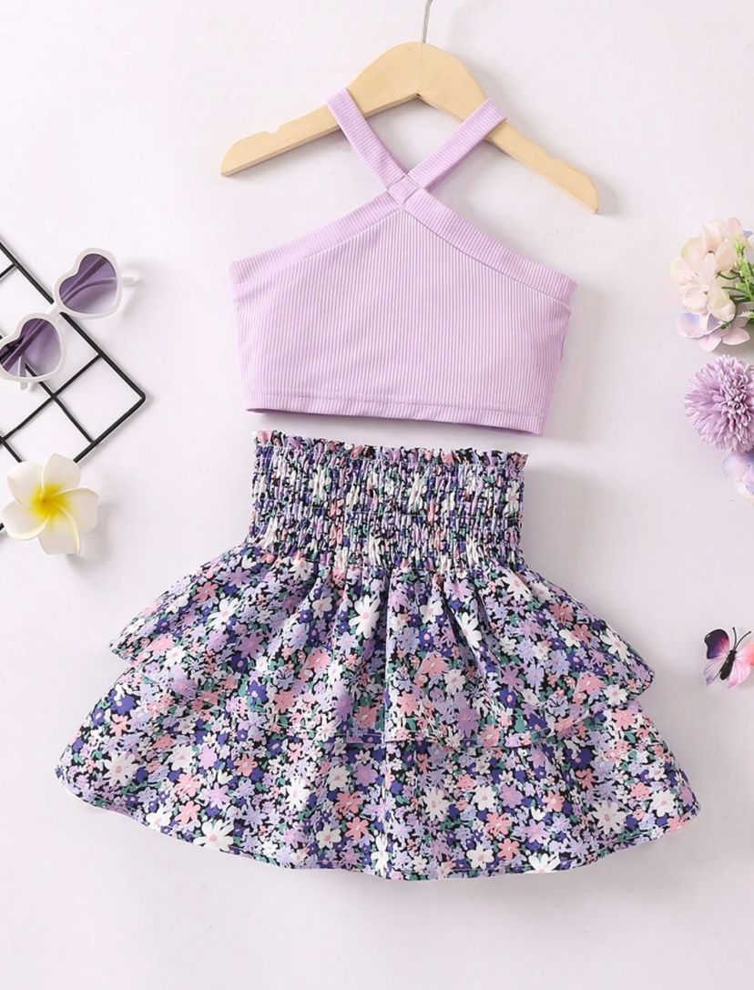 Young Girls Halter Top & Ditsy Floral Print Paperbag Waist Skirt