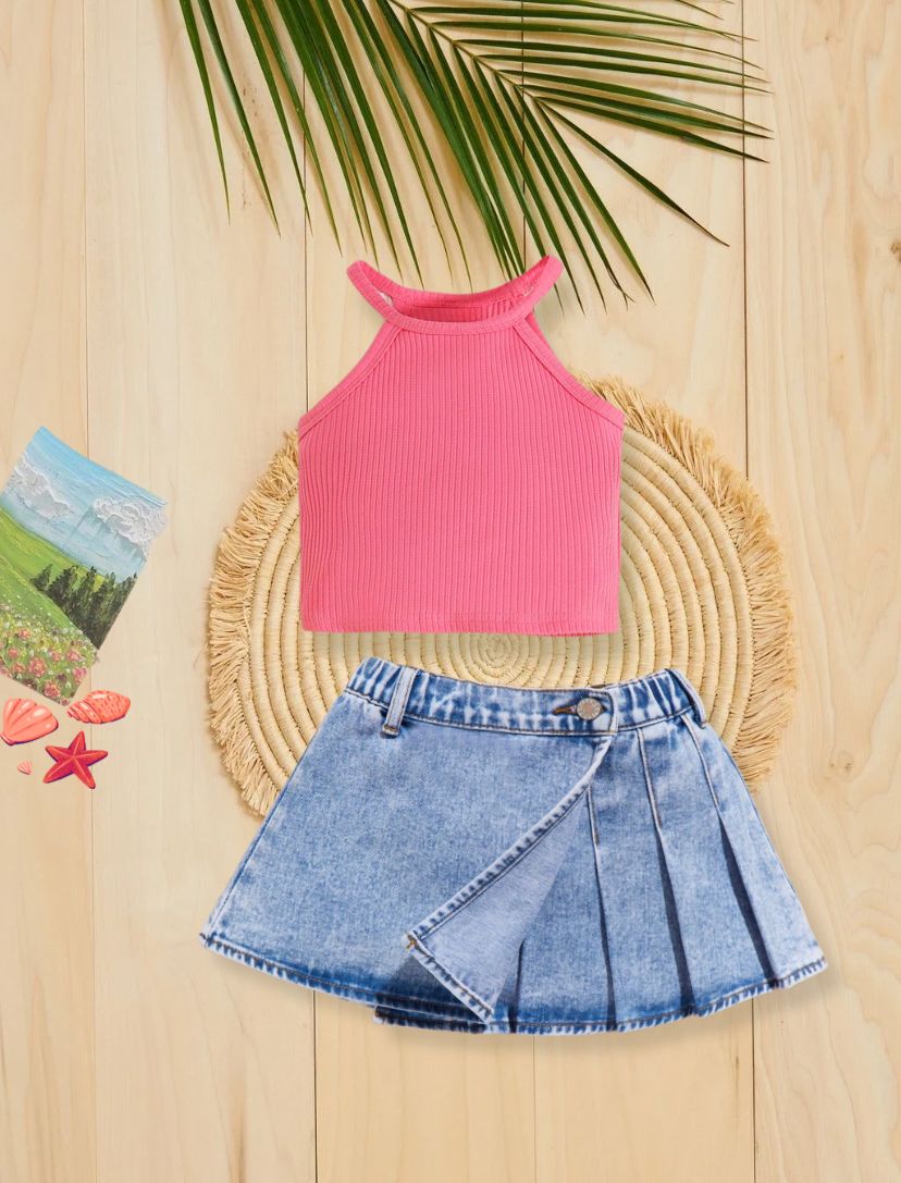 Young Girls Spring Pink Cami Top & Pleated Panel Denim Skirt Set