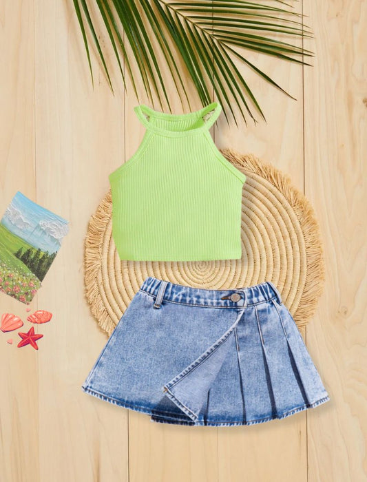 Young Girls Spring Green Cami Top & Pleated Panel Denim Skirt Set