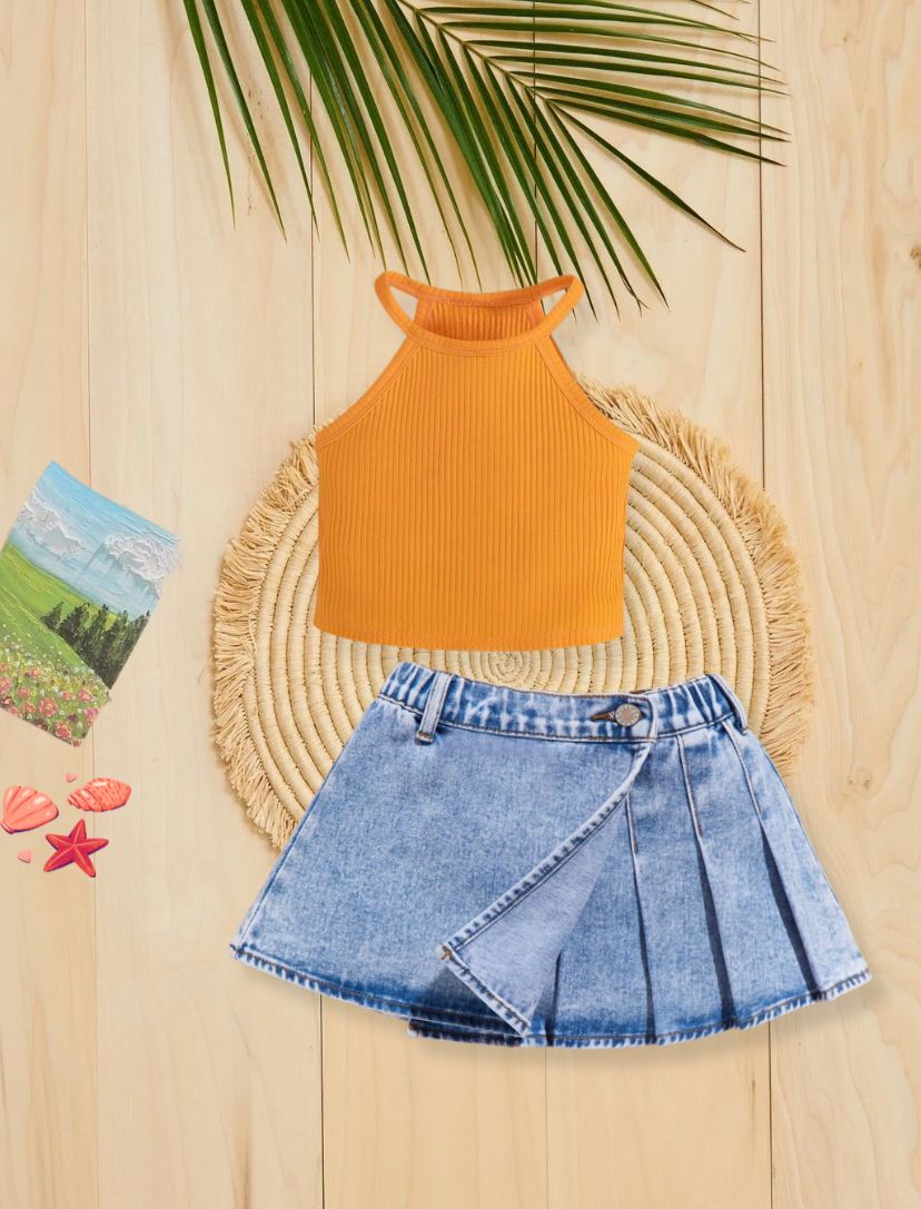 Young Girls Spring Orange Cami Top & Pleated Panel Denim Skirt Set