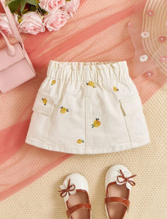 Baby Girls Flower Embroidery & Large Pockets With Cotton Denim Skirt