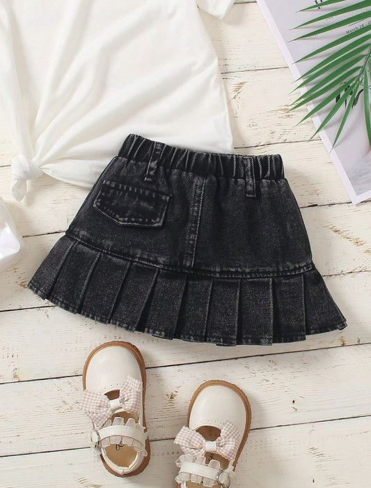 Baby Girls Black Summer Denim Skirt With Pleats