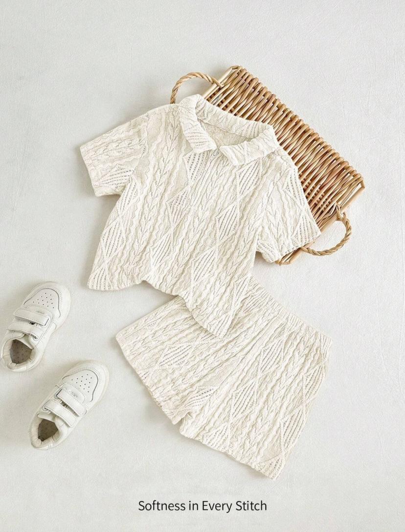 Baby Boys Khaki Knitted Soft Collared Short Sleeve Top & Casual Shorts Set (White) | 6M-3Y