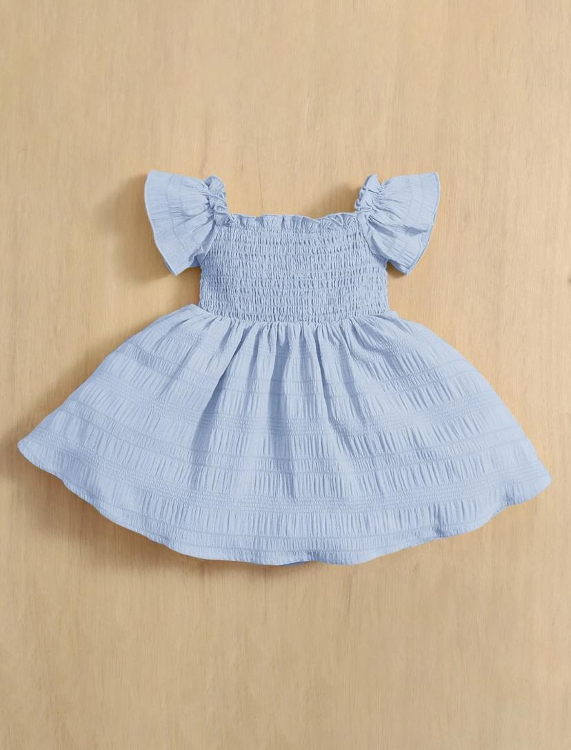 Baby Girls Solid Square Neck A Line Short Sleeve Dress