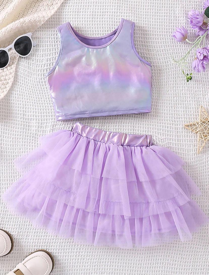 Young Girls Holographic Tank Top & Mesh Layer Hem Skirt Set