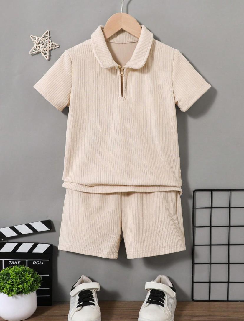 Young Boys Solid Polo Tee & Shorts Set (Beige) | 4Y-7Y