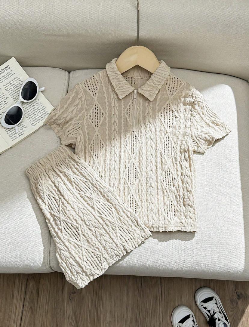 Young Boys Khaki Knitted Soft Collared Short Sleeve Top & Casual Shorts Set