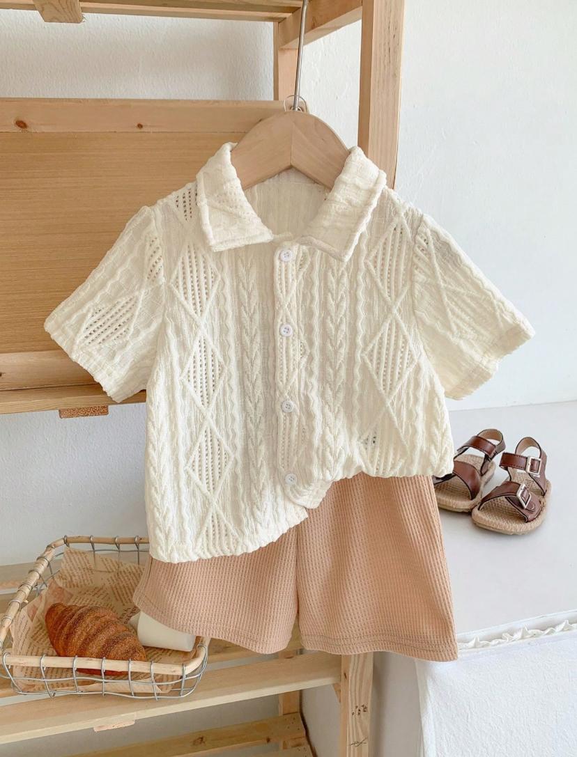 Baby Boys White Lace Up Shirt & Beige Short Set | 6M-3Y