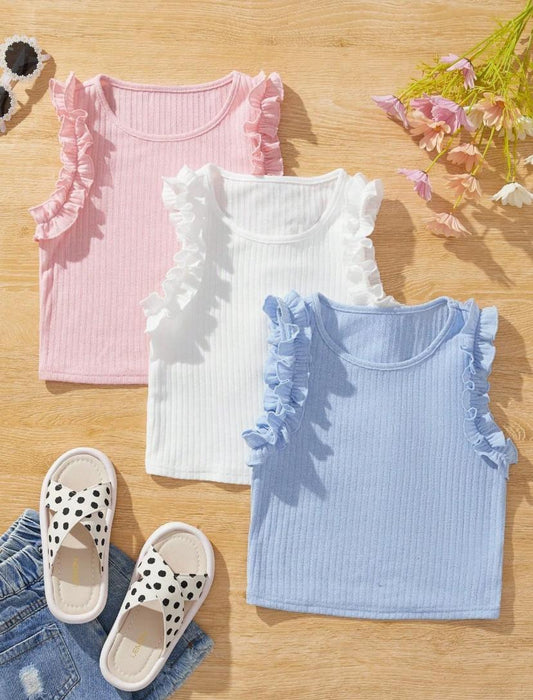 Young Girls Solid Color Sleeveless Ruffle Hem Fitted Short Tank Top