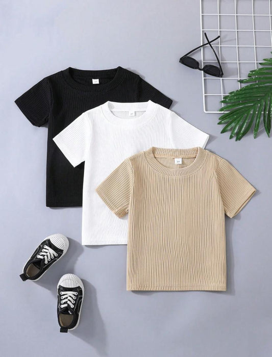 Young Boys Short Sleeve Knitted Slub Round Neck Casual  T-Shirt