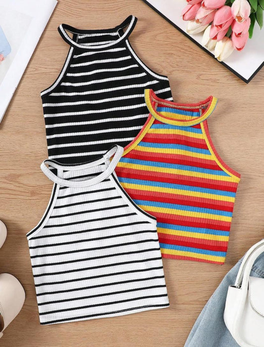 Young Girls Summer Vacation Casual Multi Colored Striped Knit Halter Tops