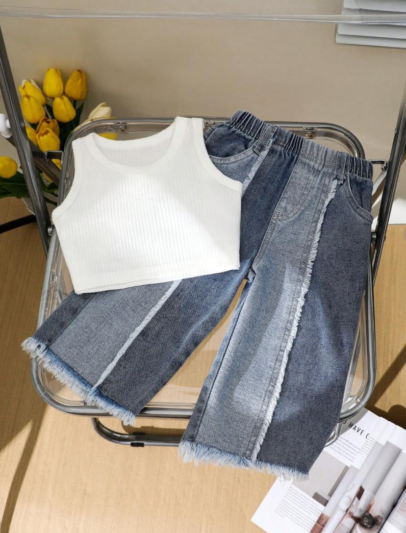 Baby Girls Plain Sleeveless Top And Jeans Set